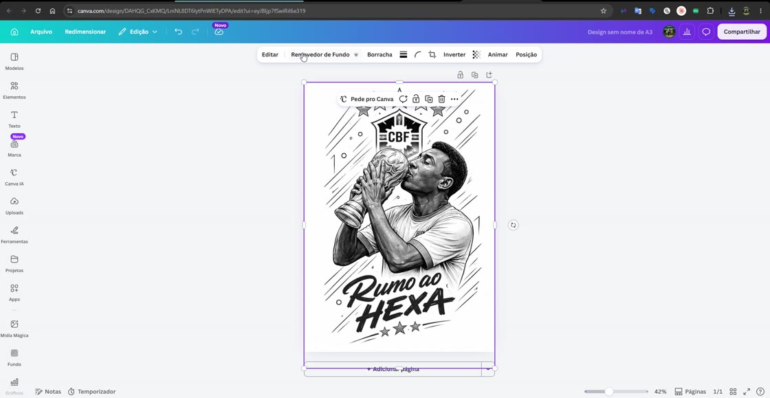 Tela do Canva: a estampa 'Rumo ao HEXA' montada dentro de um documento A3, com a barra de edição.