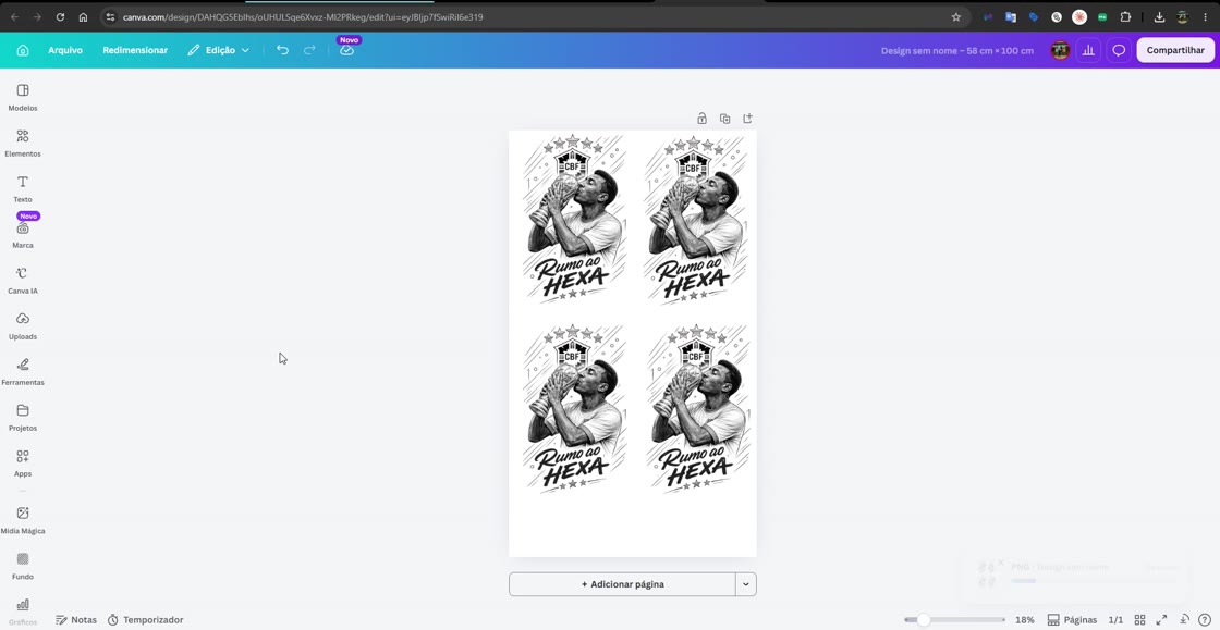 Tela do Canva: a folha preenchida com quatro cópias da estampa 'Rumo ao HEXA', bem encaixadas.