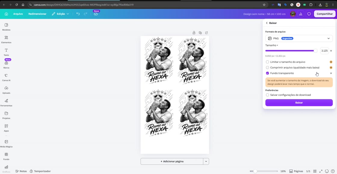 Tela do Canva: painel 'Baixar' com formato PNG selecionado e 'Fundo transparente' marcado.