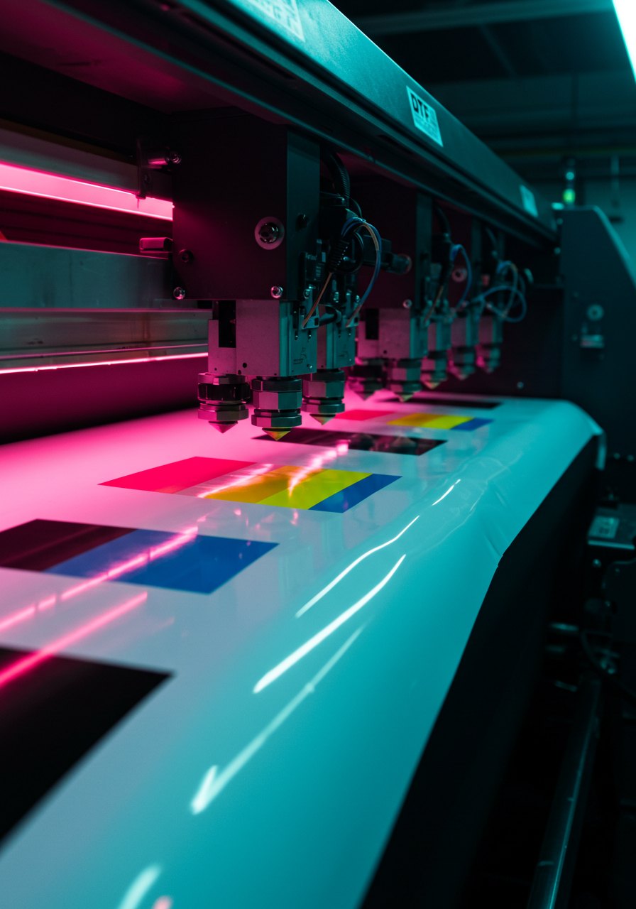 Impressora DTF de grande formato imprimindo barras de cor CMYK sobre filme branco, com cabeças de impressão e iluminação ciano e magenta